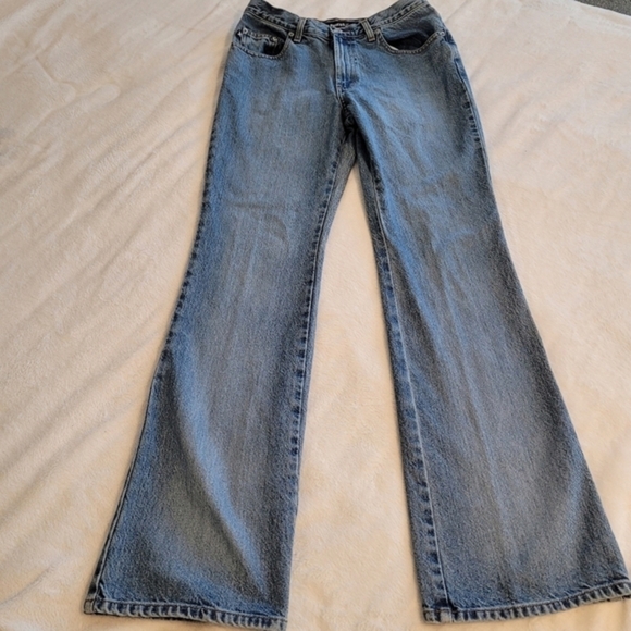 Express Vintage 7/8‎ Long High Rise Flare Blue Denim Jeans Juniors - Picture 15 of 16